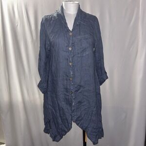 Lagenlook Linen Top Tunic Women Medium Made in Italy Blue Roll Tab Beach